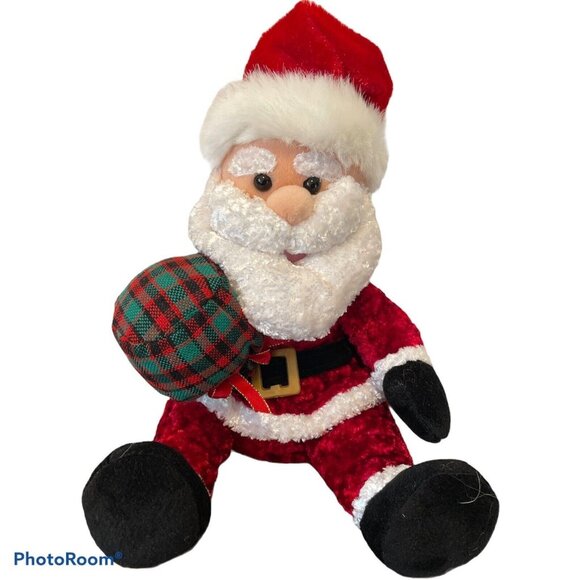 Santa Claus Plush 12" Red Velvet Suit White Trim Plaid Sack Holiday Decor - Picture 1 of 7